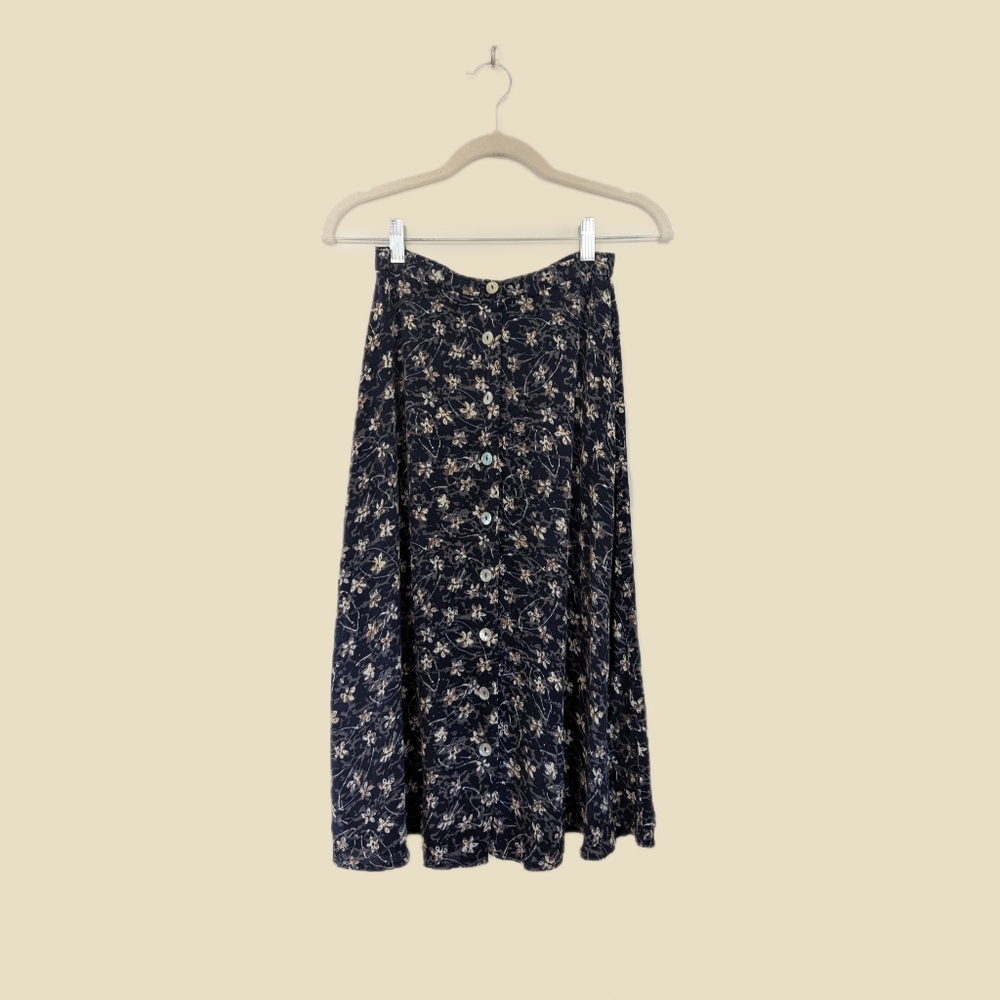 90s Vintage High Rise Flowy Button Front Floral Midi Skirt
